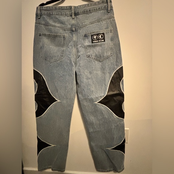 Jeans with leather detail handmade - Picture 2 of 3